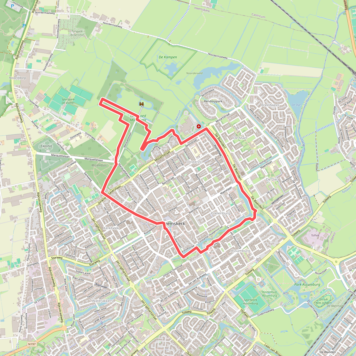 Paarse route vanaf startpunt Heemskerk Centrum