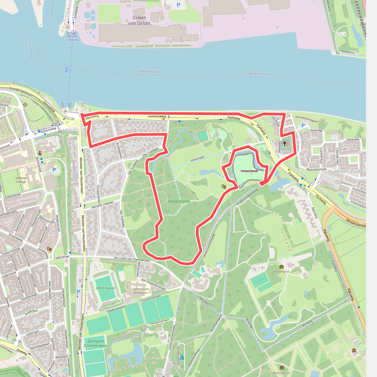 Paarse route vanaf startpunt Pontplein 