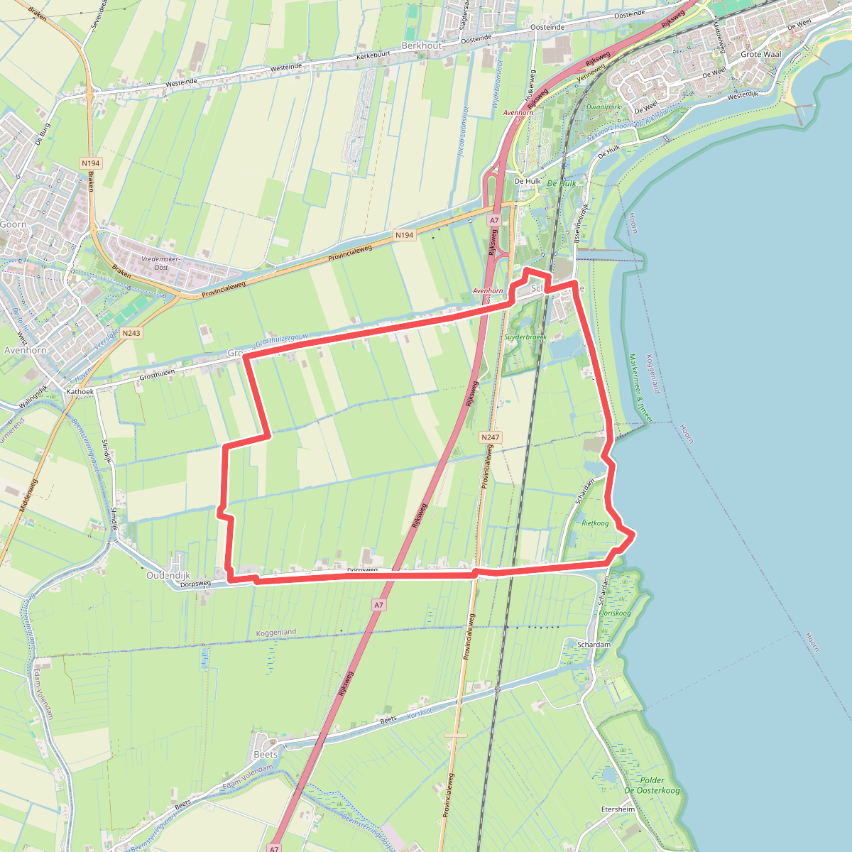 Grosthuizenroute (groen) vanaf startpunt Scharwoude