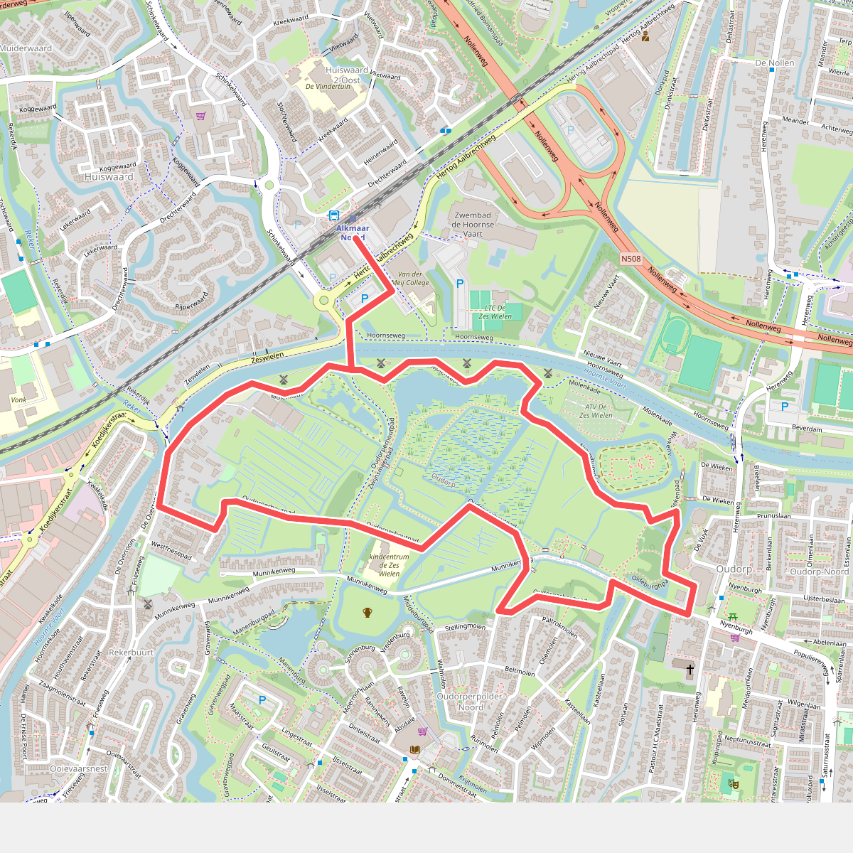 Rode route vanaf startpunt Alkmaar Noord Station