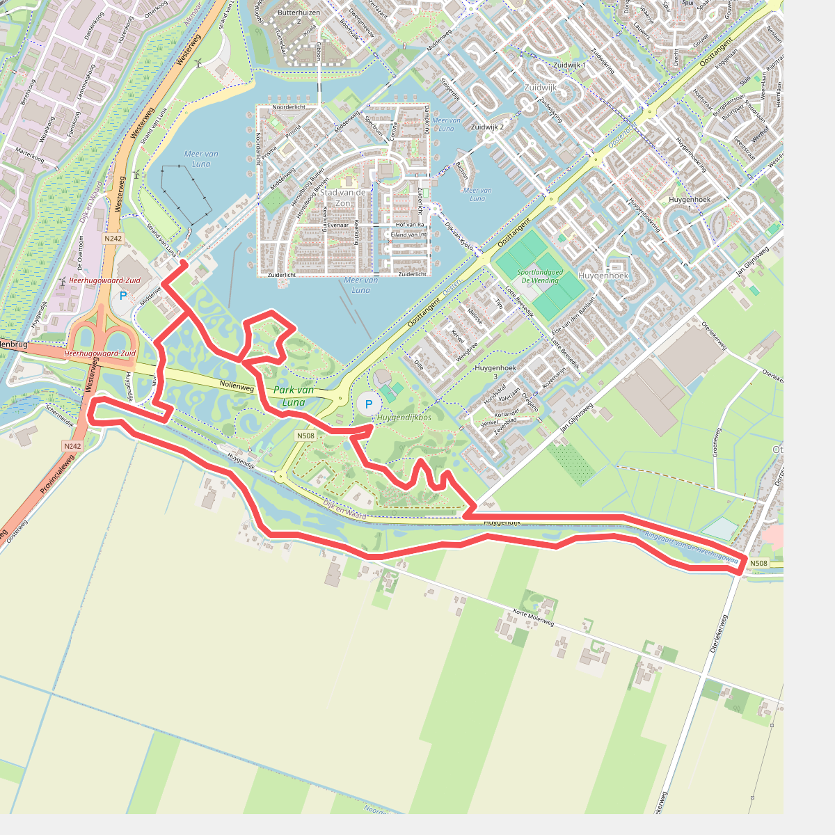 Paarse route vanaf startpunt Stad van de Zon