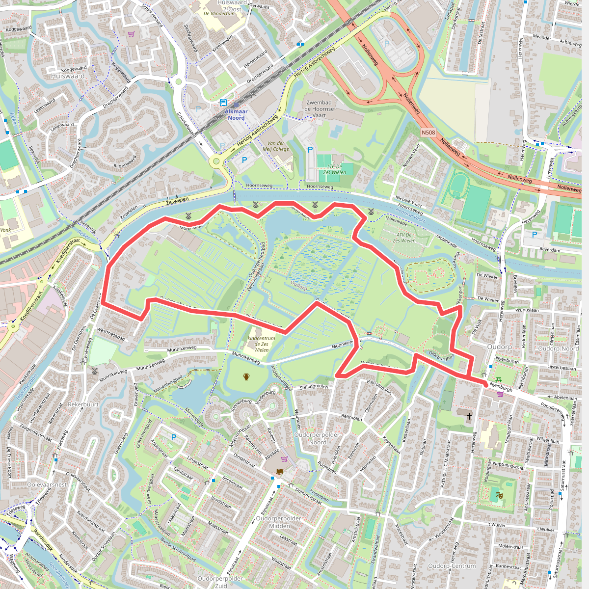 Rode route vanaf startpunt Oudorp