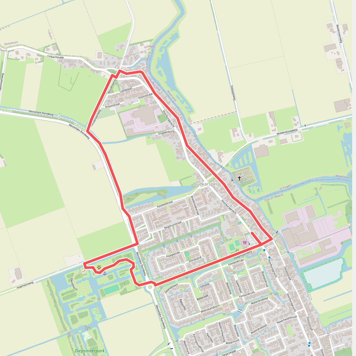 Rode route vanaf startpunt Oudkarspel