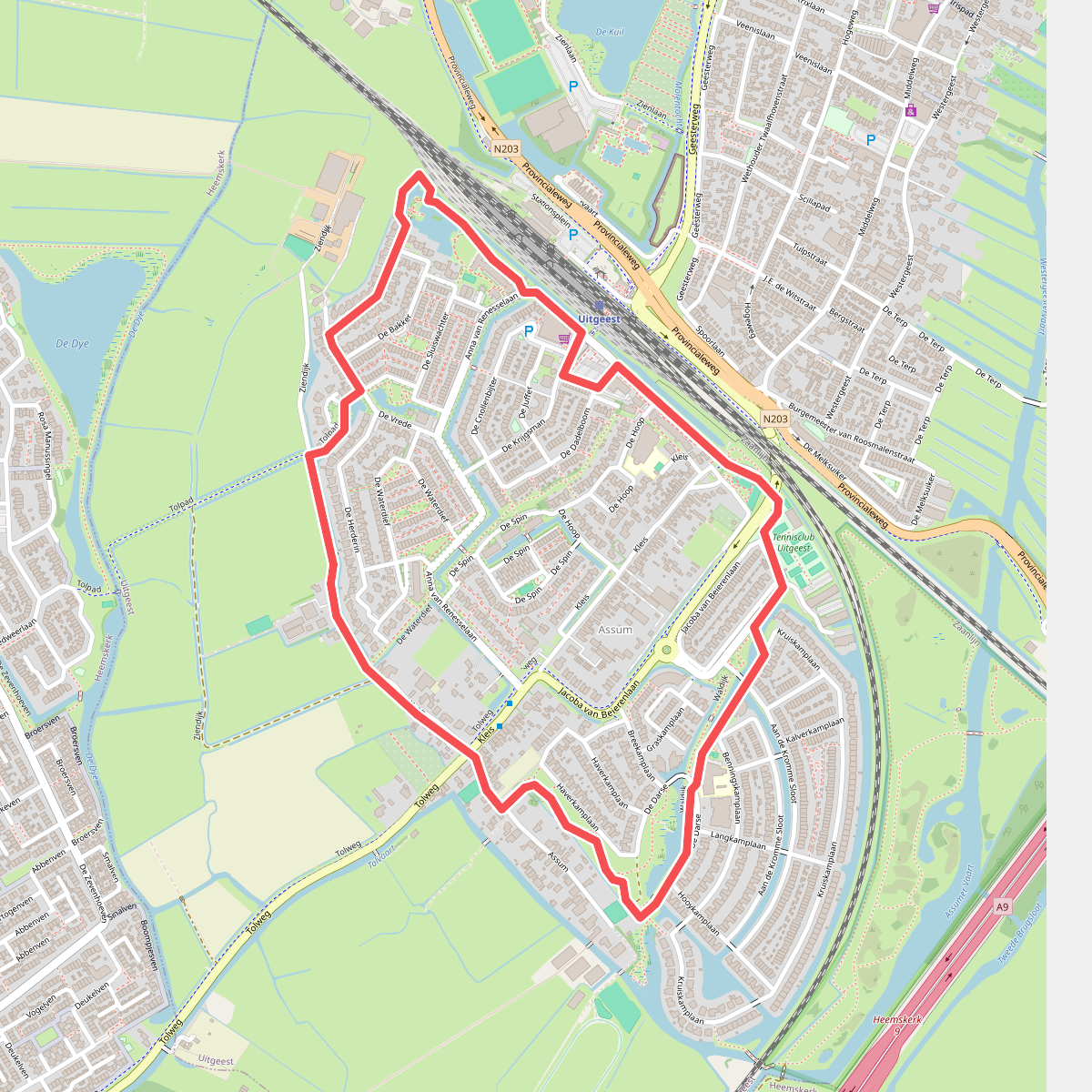 Paarse route vanaf startpunt Uitgeest Station