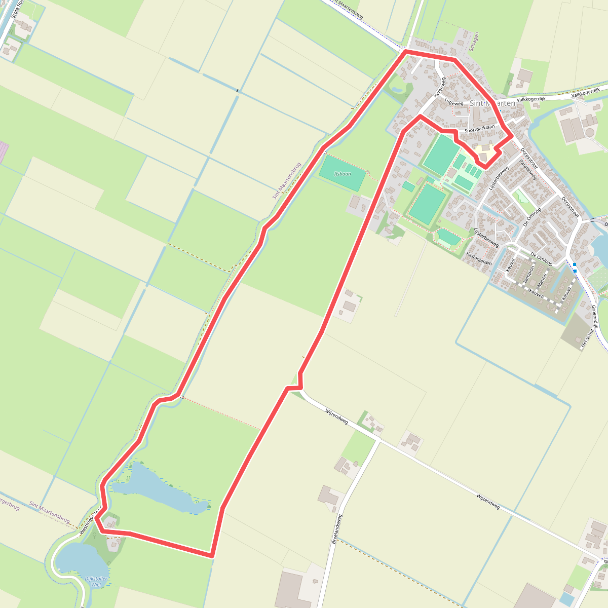 Rode route vanaf startpunt Sint Maarten