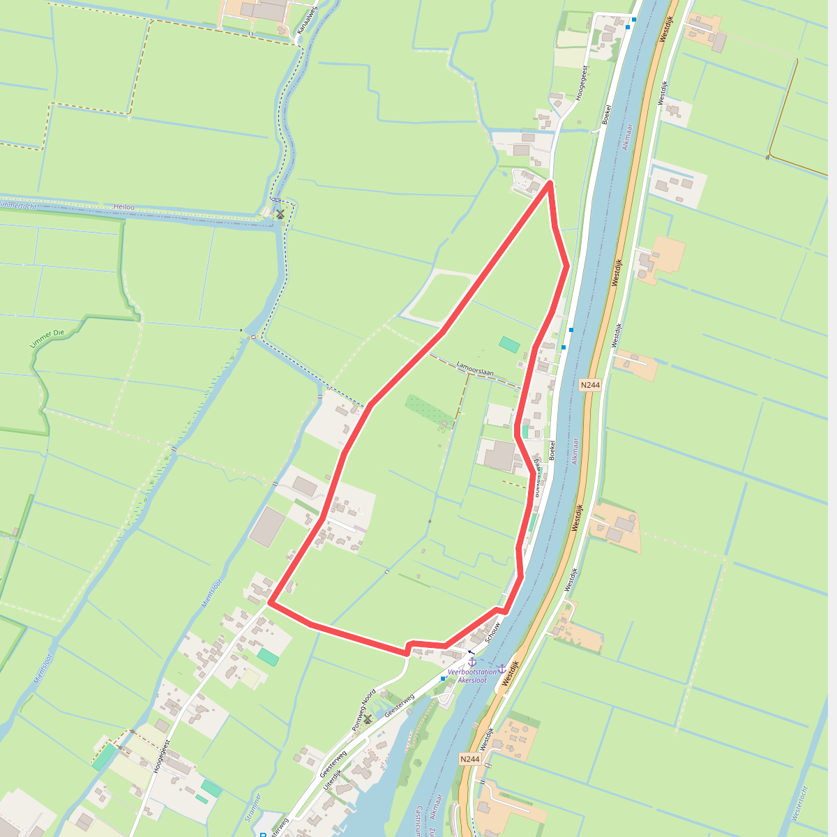 Paarse route vanaf startpunt Uiterdam