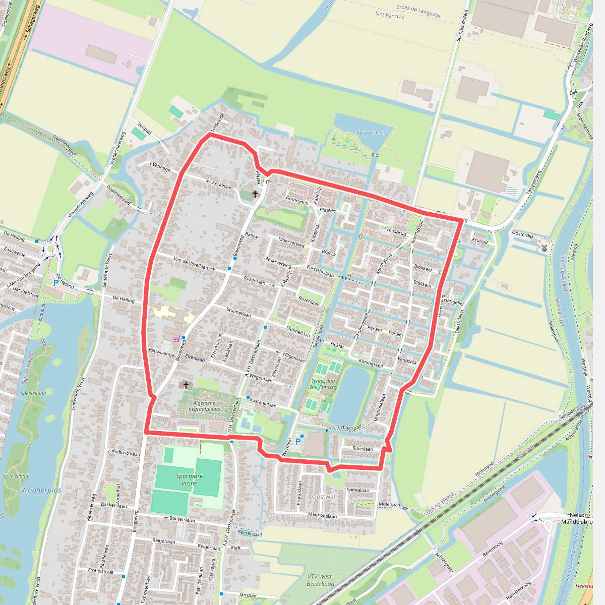 Rode route vanaf startpunt Sint Pancras