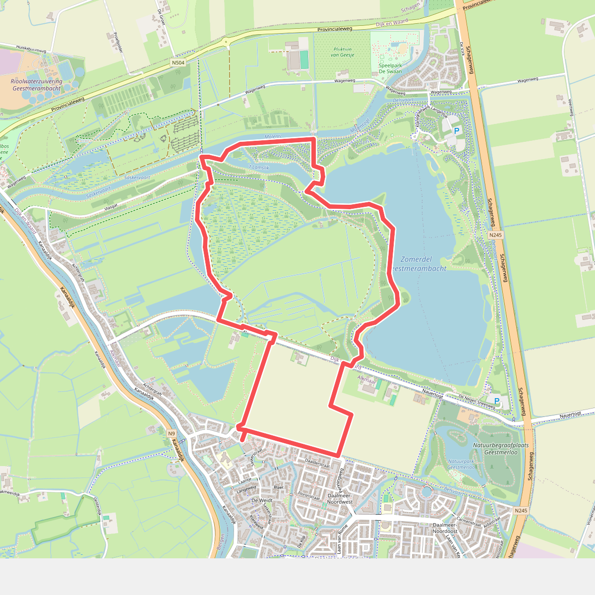 Paarse route vanaf startpunt Koedijk