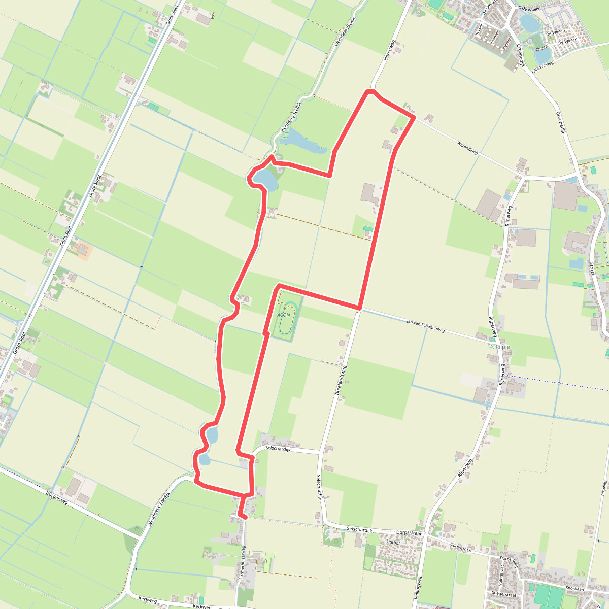 Paarse route vanaf startpunt Eenigenburg