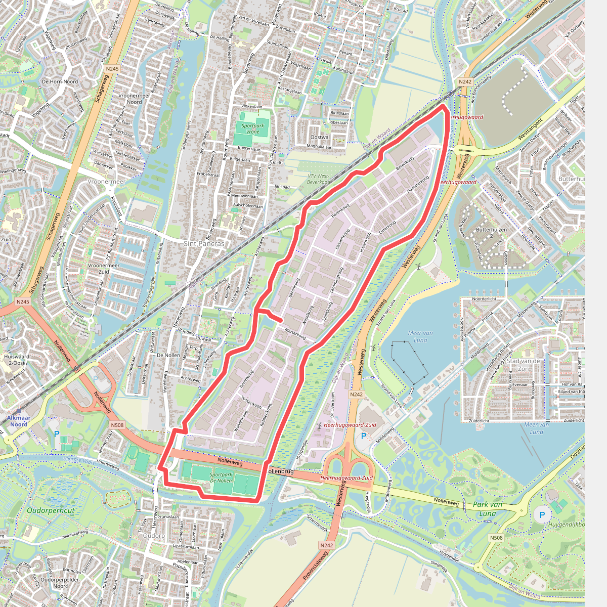 Paarse route vanaf startpunt Nollenstrook