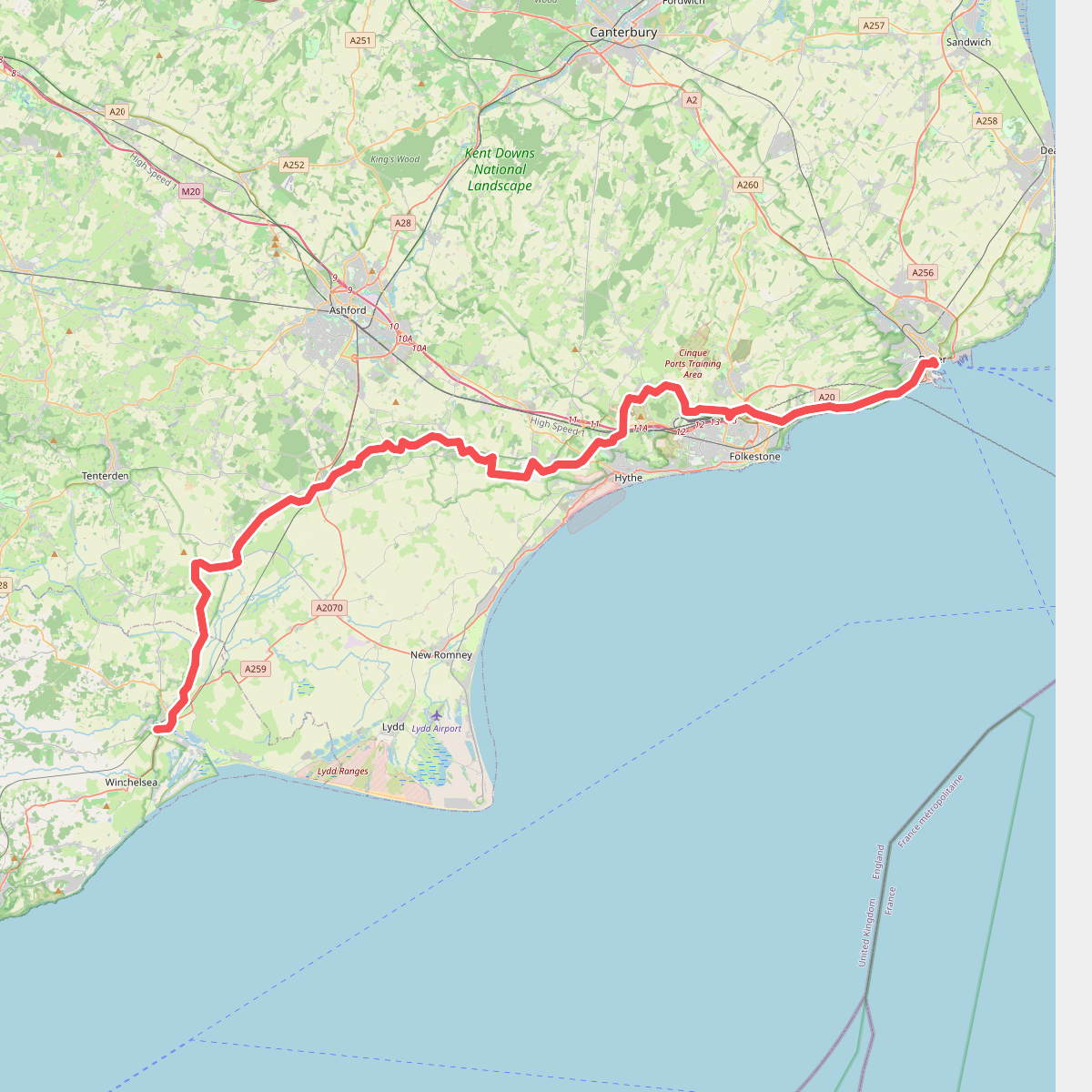 European walking route E9, Rye to Dover