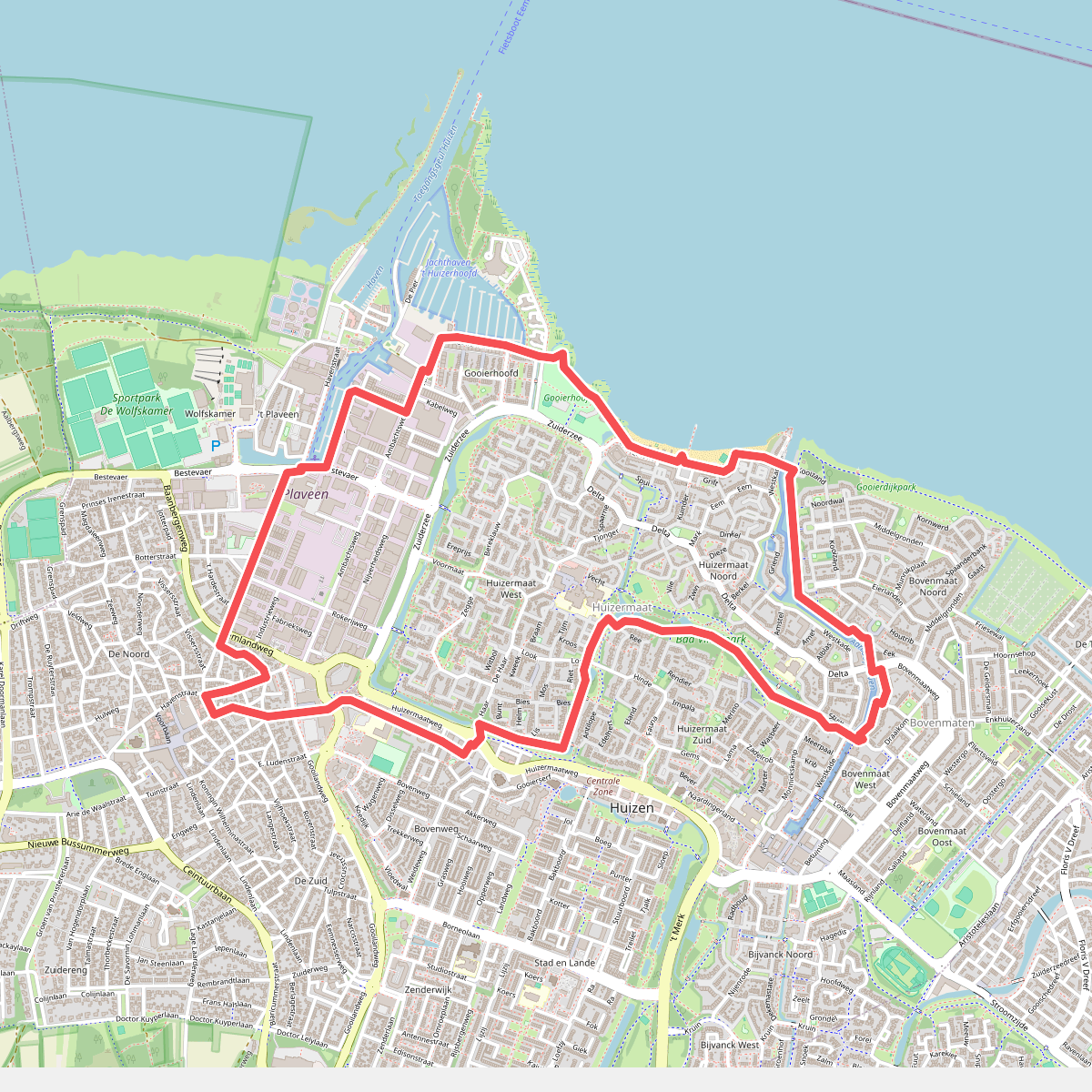 Huizermaatroute (oranje pijlen)