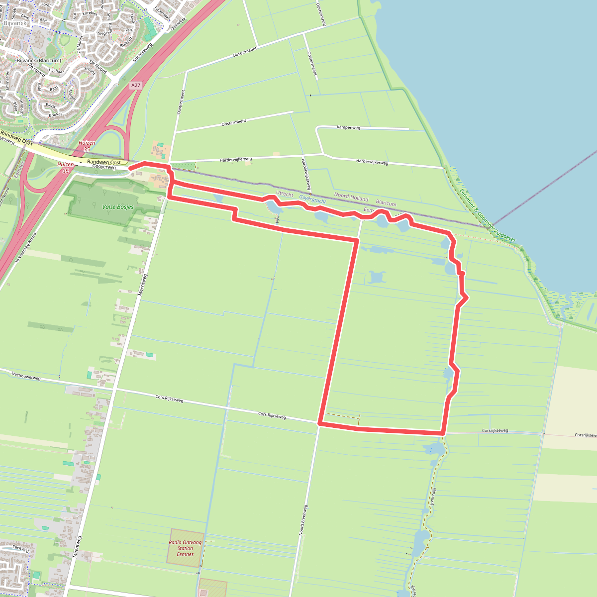 Eemlandroute (rode pijlen)