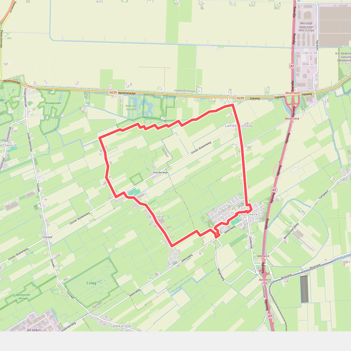 Rondje De Hooge Weere (groen) vanaf startpunt Abbekerk