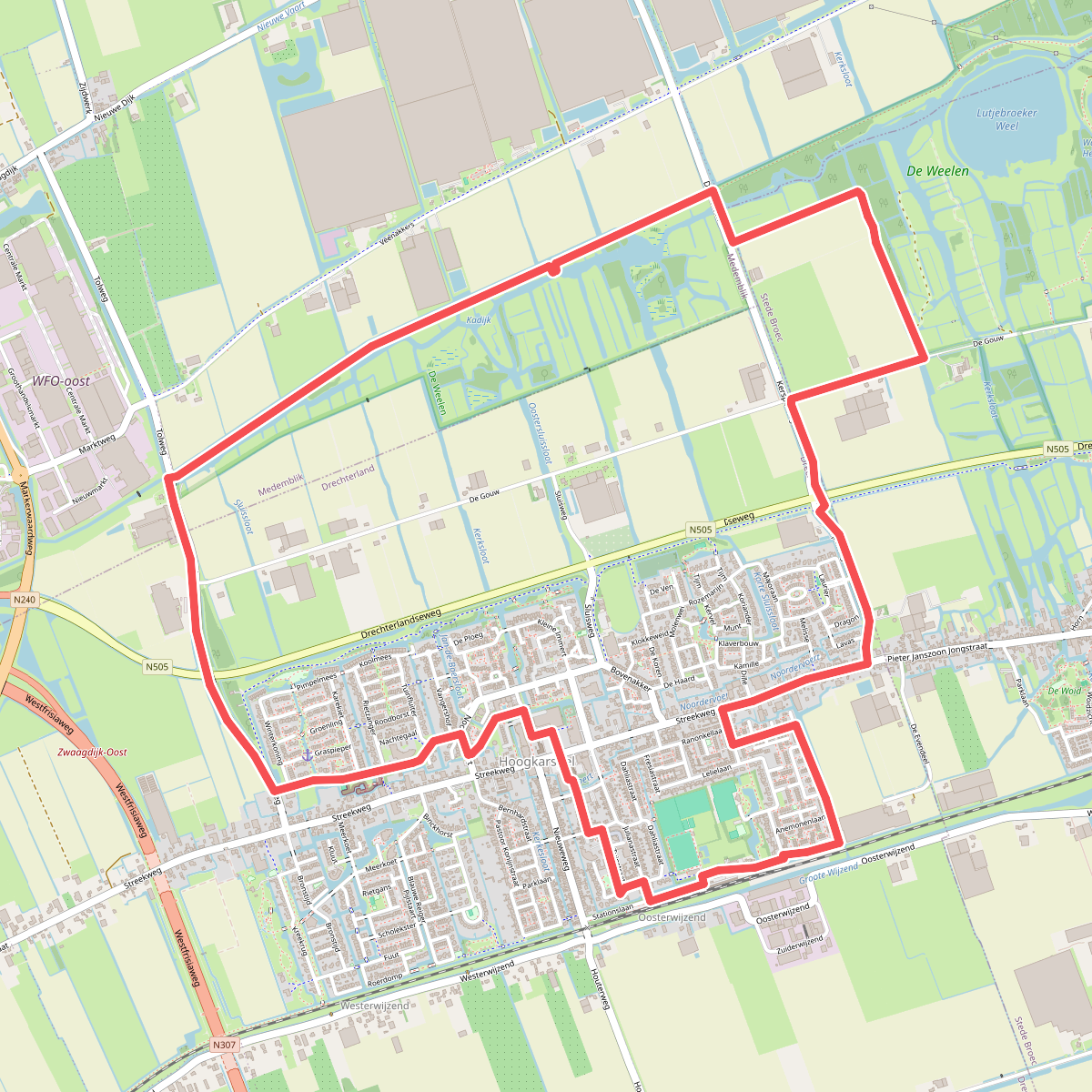 Kadijkroute (oranje) vanaf startpunt Station Hoogkarspel