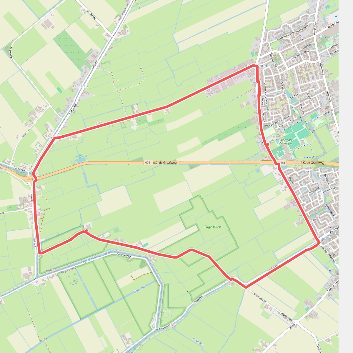 Rondje Lage Hoek (paars) vanaf startpunt De Weijver