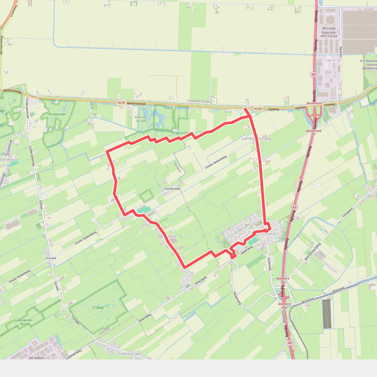 Rondje De Hooge Weere (groen) vanaf startpunt Lambertschaag