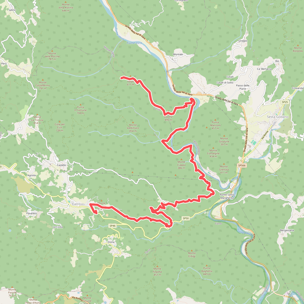 Carro – Sepponi – Trambacco - Cerreta – Stanga – Monte Rocche – Monte Vagie
