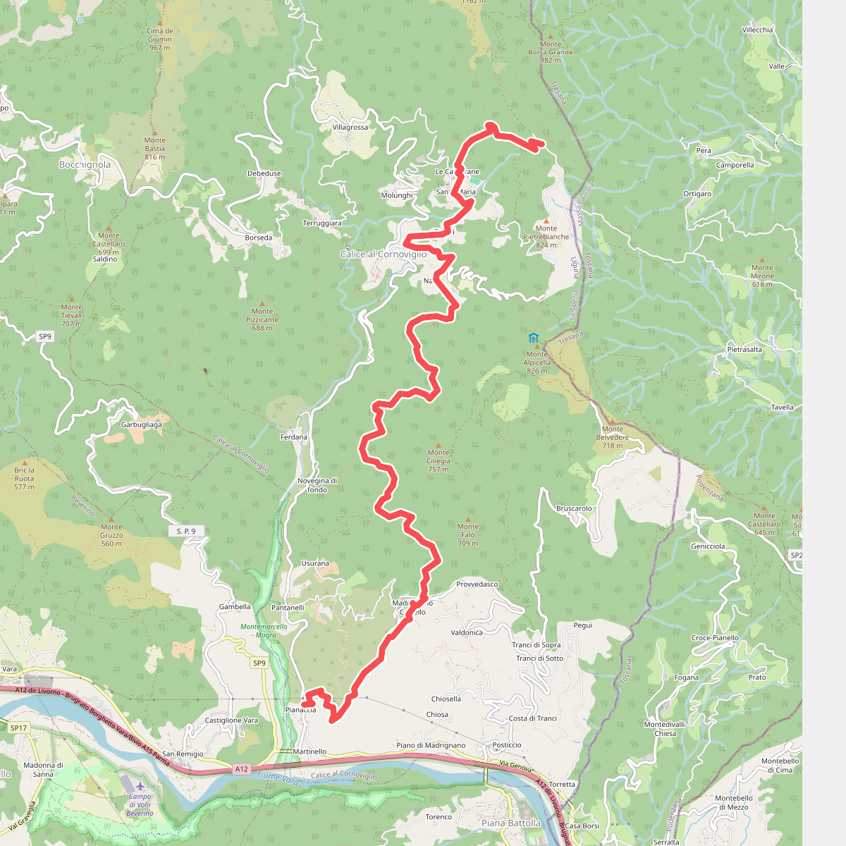 La Pianaccia - Madrignano - Novegina di Cima - Nasso - Calice al Cornoviglio - Santa Maria - Le Cassorane - Bivio AVML