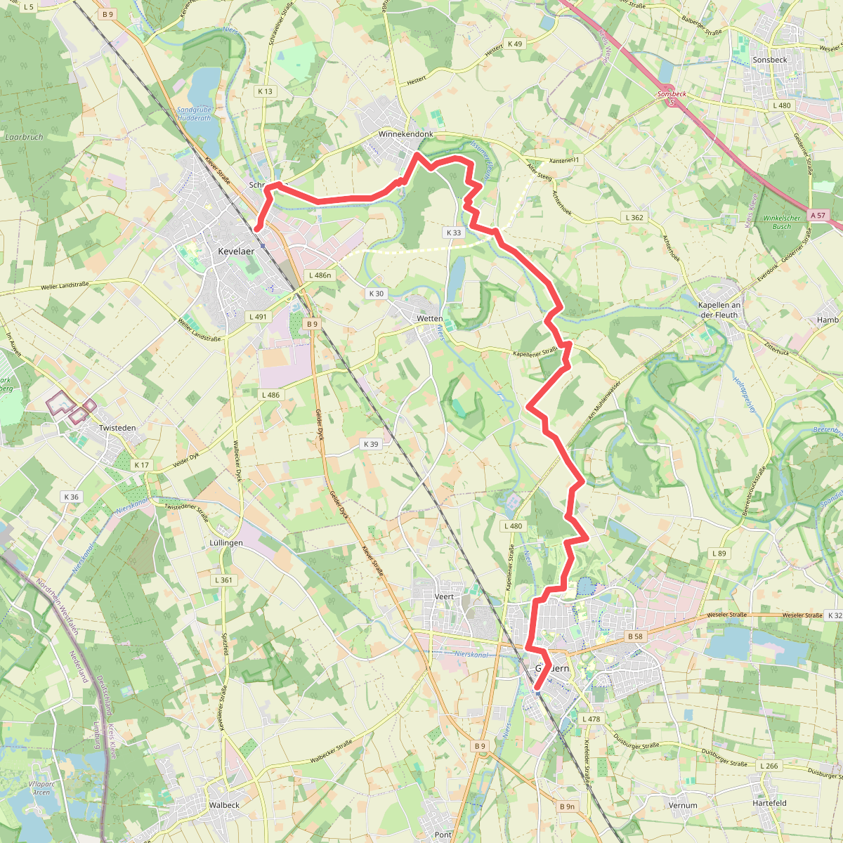 Kavelaer station - Geldern station · Maas-Niederrheinpad etappe 9